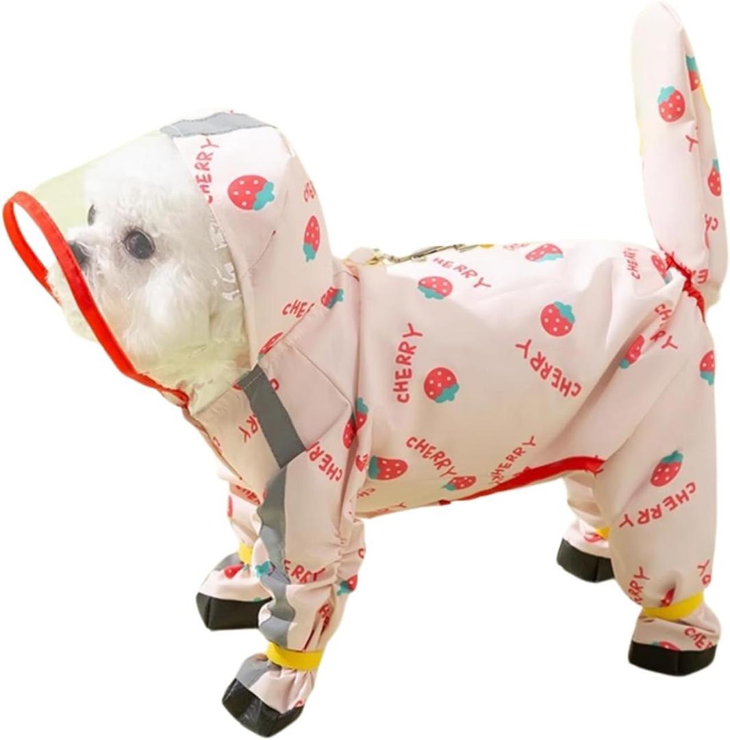 HDKUW Small Dog Raincoat & Rain Shoes Set,Full-Coverage Reflective Dog Jacket with D-Ring,Dogs Raincoat with Rain Boots Set for Puppy Small Dogs Strawberry M (M:Chest Girth 14"-16",Weigth 5-8LB)