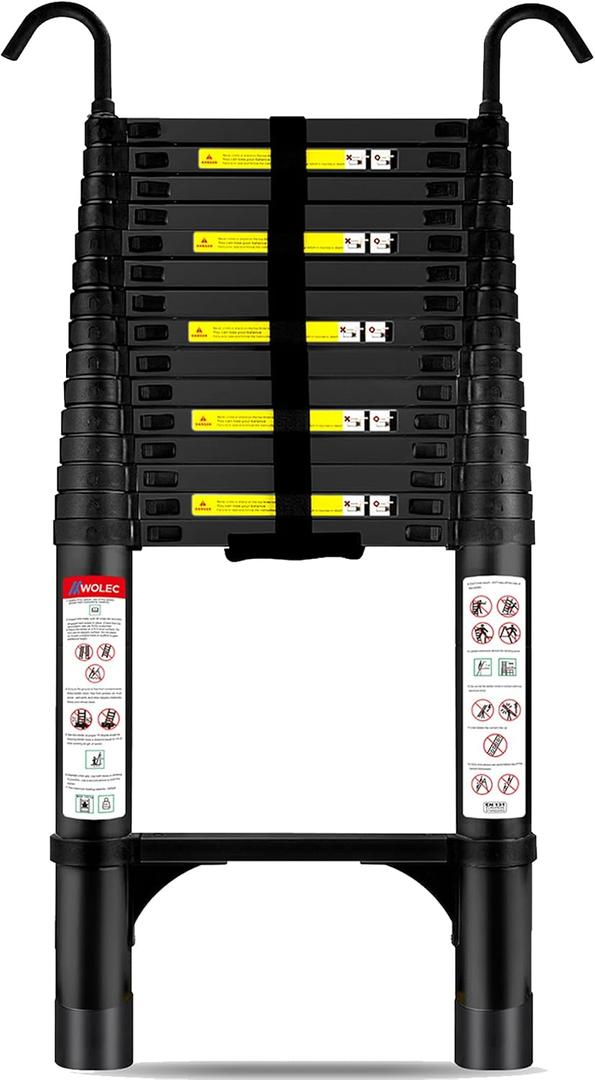 Telescoping Ladder with Hooks, 14.5 FT, 330 lb Capacity, Black