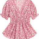 Floerns Women's Boho Floral Print Shirt Wrap V Neck Ruffle Puff Short Sleeve Peplum Blouse Top (Medium, Pink)