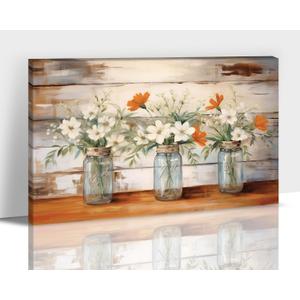 Hzddty Farmhouse Bathroom Wall Decor - Rustic Floral Wall Art, White Flower Picture Artwork for Walls, Country Canvas Print for Bedroom Living Room Office Wall Decor 18x24 Inches