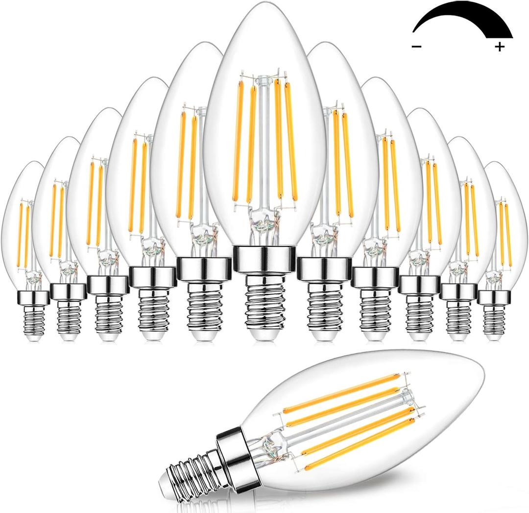 12-Pack Dimmable E12 LED Candelabra Bulbs 60W Equivalent, 2700K Soft Warm White, 600 Lumens B11 Candle Base 6W C35 LED Filament Vintage Light Bulbs, Clear Glass for Chandelier Ceiling Fan High CRI 90+ (12 Count (Pack of 1), 2700k Warm White)