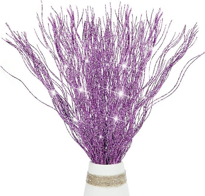 10 PCS Glitter Christmas Picks Sprays Sparkle Curly Ting Branches Decorative Sticks Stems Artificial Curly Wispy Willow Twigs for Christmas Tree Vase Fillers Crafts Garland Home Decor (Purple, 10)