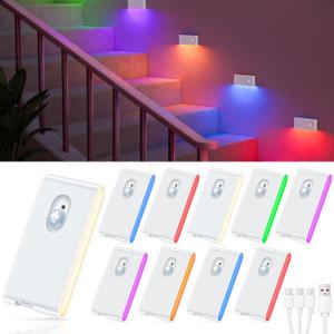 WILLED Motion Sensor Night Light, RGB & Warm White Stair Lights Indoor, Rechargeable Color Changing Night Light, Wireless Motion Sensor Light Indoor for Stair,Hallway,Bathroom,Cabinet,Kitchen,10 Pack