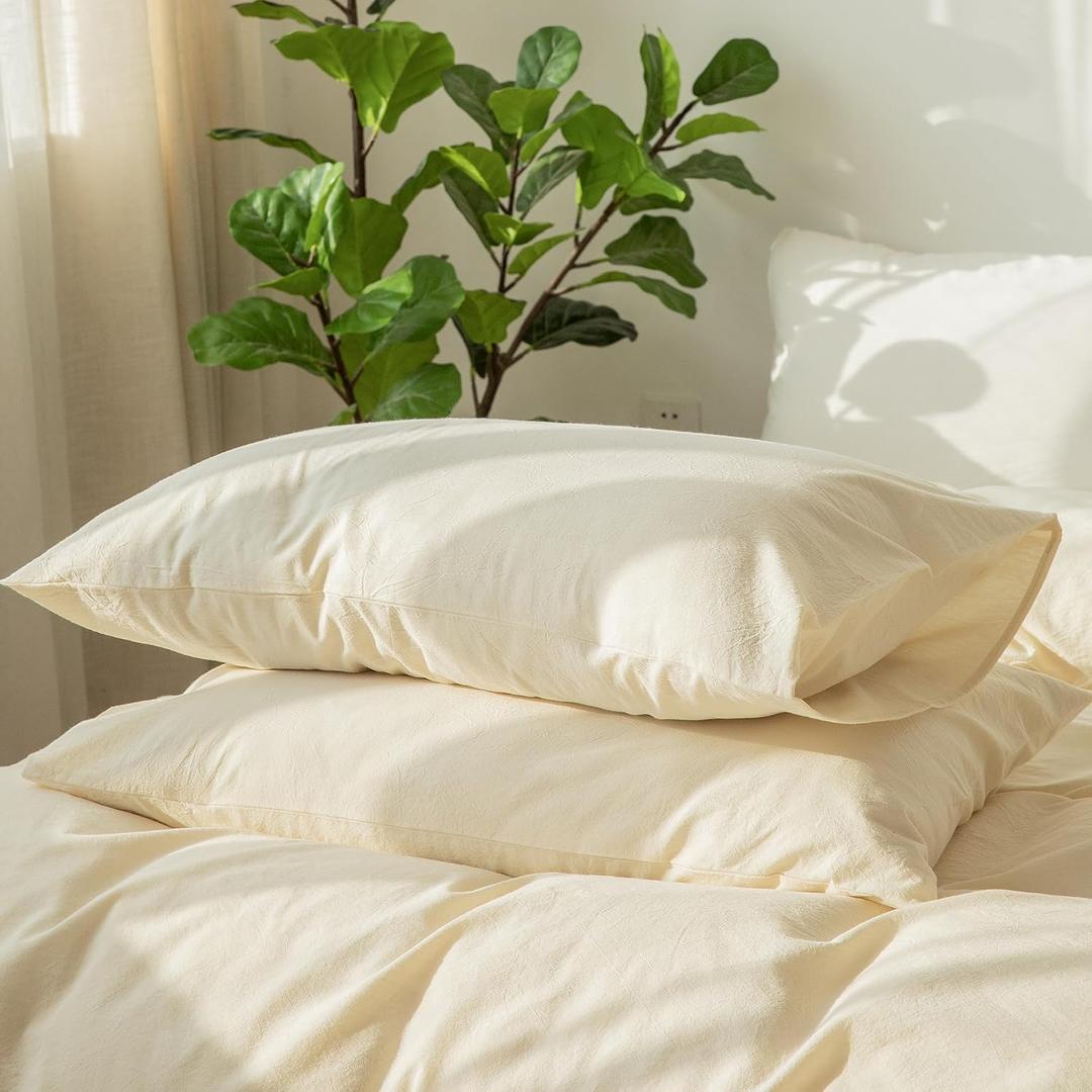 MooMee Bedding Pillowcases Pack of 2 100% Washed Cotton Linen Like Textured Breathable Durable Soft Comfy (Solid Cream White, Queen)