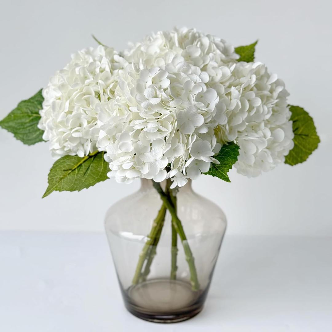 3 Pcs White Real Touch Hydrangeas Artificial Flowers 21'' Faux Latex Hydrangea for Easter Spring Xmas Home Decor Indoor Outdoor Wedding Flower Arrangement Kitchen Table Centerpiece