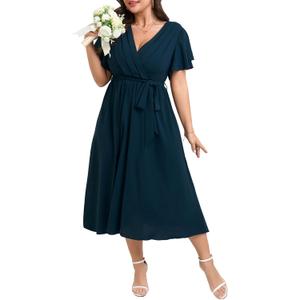 Womens Plus Size Dress Wedding Guest Cocktail Pleated V Neck Faux Wrap V Neck Flowy A Line Midi Dresses with Belt (XL)