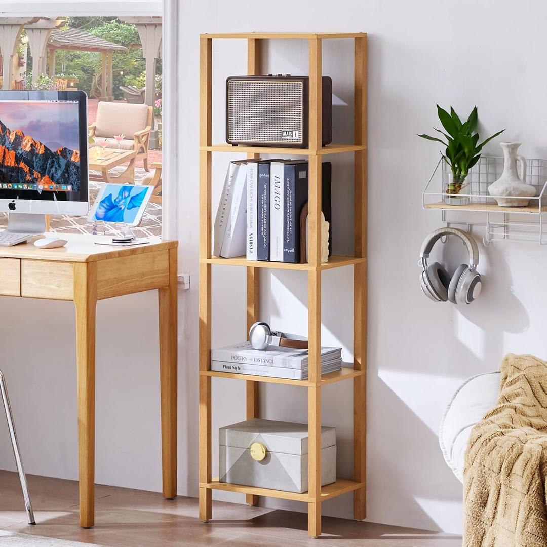5 Tier Tall Narrow Bookshelf, Skinny Bookcase, Wooden Shelf, Natural