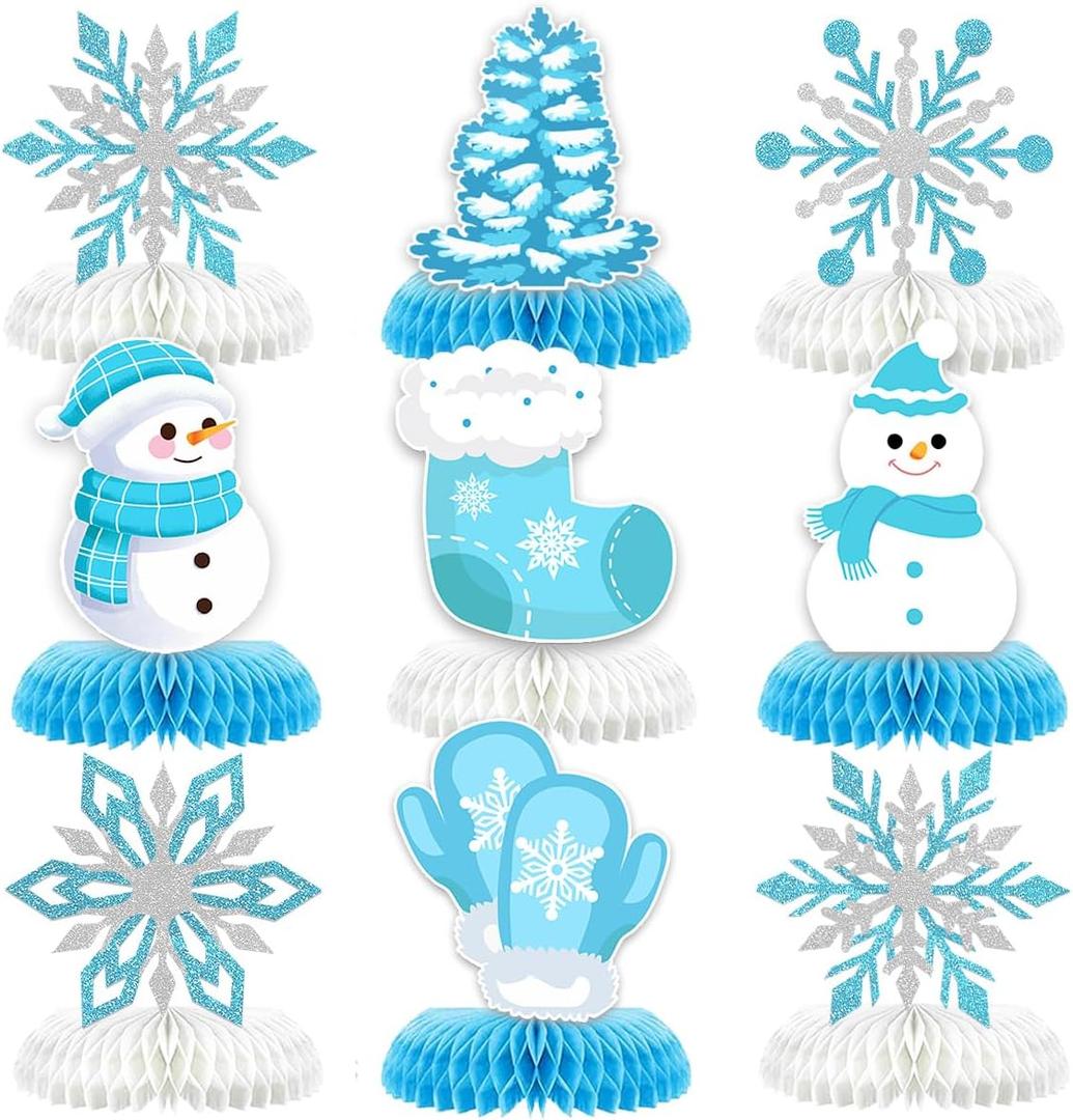 9Pcs Winter Wonderland Decorations 3D Snowflake Honeycomb Table Centerpieces for Frozen Winter Blue White Theme Christmas Baby Shower Birthday Party Supplies (Snowflake)