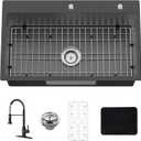 Black 30x18 Inch Drop In Kitchen Sink With Faucet-Stainless Steel Single Bowl Kitchen Sink Stylish&Modern Look With Faucet,Bottom Grid,Silicon Mat And Drain Assembly Add Elegance & Enhance Usability