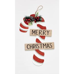 Worth Imports 20" Hanging Wood Merry Christmas Candy Cane Sign for Front Door Or Wall