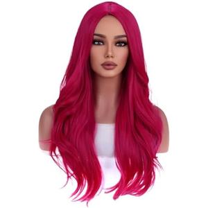WTHCOS Hot Pink Wigs for Women Girls Middle Part Wig Long Pink Wig Heat Resistant Synthetic Curly Wavy Wigs for Cosplay Costume Party
