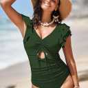 Sovoyontee Women's Ruffle One Piece Swimsuit Tummy Control Bathing Suits Drawstring Cutout V Neck Swimwear (S)