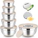TeamFar Mixing Bowls, Stainless Steel Nesting Salad Bowl with Lids & 3 Graters, For Kitchen Cooking Serving Prepping, Airtight & Non-Slip, Size 4.6/3.5/2/1.5/1/0.7 QT, Set of 5 & Khaki
