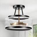 11.8" Black and Gold Semi Flush Mount Ceiling Light, Small Ceiling Lights with Clear Glass, Modern Drum Light Fixture for Hallyway Dining Room Foyer Entryway Bedroom Kitchen Bathroom, 3-Light