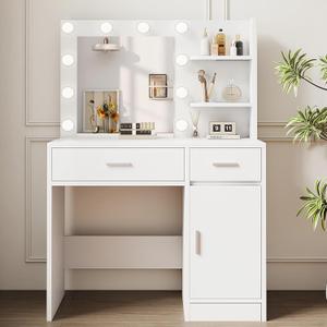 Lighted Makeup Vanity Desk, 35.4W x 15.7'D x 54H, White (with Lights and Mirror, Dimming Function, 2 Drawers and 1 Cabiniet, Open Shelves) by Boahaus