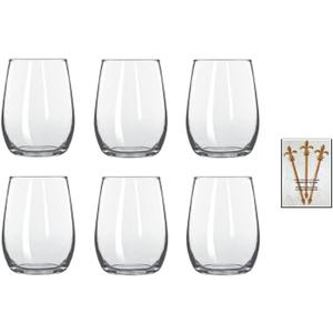 Libbey Stemless 6 Ounce Wine Taster / Mini / Sample Glass 260, Set of 6 w/ FDL Party Picks