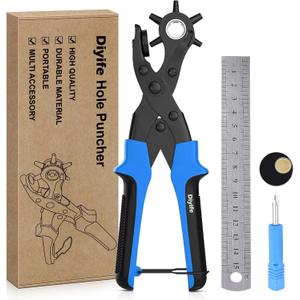 Diyife Professional Leather Hole Puncher, Full Set Punch Tool Kits for Belt, Watch Band, Shoe, Crafting, Handbag Straps, Fabric, with Extra Punch Plates and Ruler, Multi Hole Sizes Make - Blue