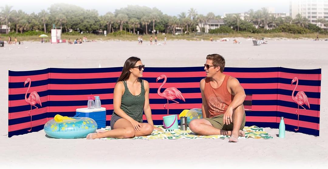 Cinnvoice 20ft Flamingo Beach Windscreen Set Long Privacy Screen with 6 Hardwood Poles Rubber Mallet and Carry Bag Portable Beach Fence Wind Blocker for Summer Outdoor Sand Wind Protection