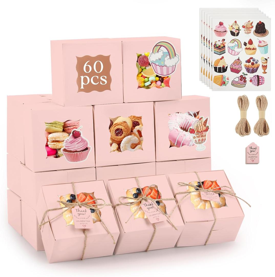 OAMCEG 60pcs Cookie Boxes with Window, 4x4x2.5 Inch Bakery Treat Boxes with Cake-Themed Stickers for Mini Cake, Pastry, Dessert, Chocolate, Strawberries, Party Favors (Pink)
