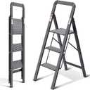 KINGRACK Aluminium 3 Step Ladder, Lightweight Step Stool with Non-Slip Pedals, Handrail, 330 LBS Foldable Step Ladder for Kitchen, Garage, Home, Space Saving, Sturdy and Portable, Black