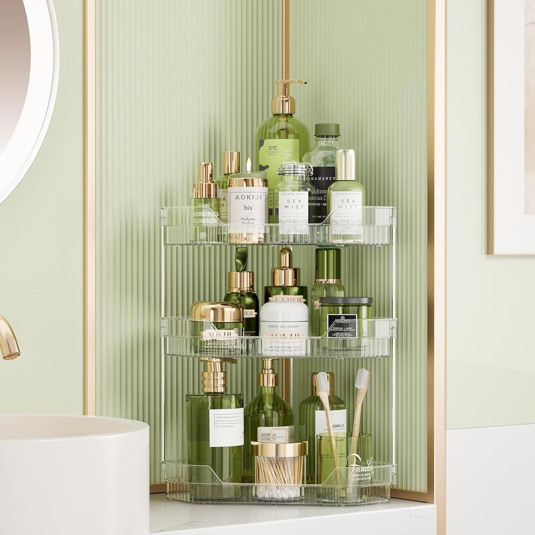 3-Tier Corner Bathroom Counter Organizer, Diamond-Shaped Corner Makeup Organizer Countertop, Easy to Install, Clear Bathroom/Dresser Organizer, Ideal for Girls