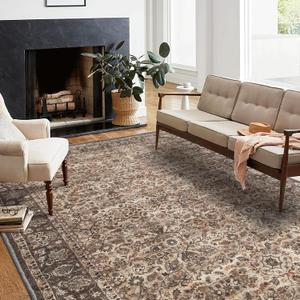 RYB HOME 8x10 Living Room Rugs, Floral Washable Large Area Rug for Bedroom, Vintage Soft Non Slip Stain Resistant Rug for Dining Room Office Farmhouse, 8x10 ft, Brown