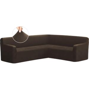 ALIECOM Velvet Corner Couch Covers L Shape Sofa Cover Sectional Stretch Soft Thick Plush U Shaped Sectional Slipcovers Living Room Pet Dogs Universal Non Slip Furniture Protector (Dark Brown, Small)