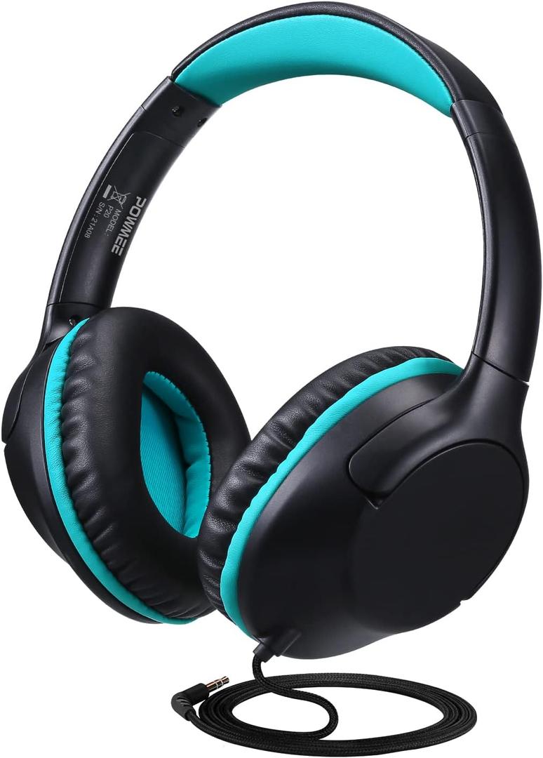 Powmee  Kids Headphones Over-Ear Headphones for Kids/Teens/School with 94dB Volume Limited Adjustable Stereo 3.5MM Jack Wire Cord for Fire Tablets/Travel/PC/Phones(Black)