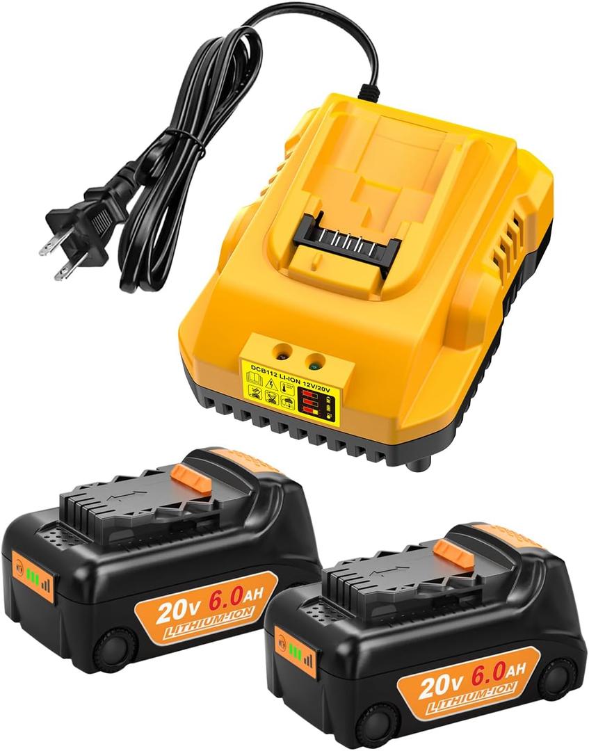 2-Pack 6.0Ah Battery Replacement for Dewalt 20v Battery and with DCB112 Battery Charger StationYellow