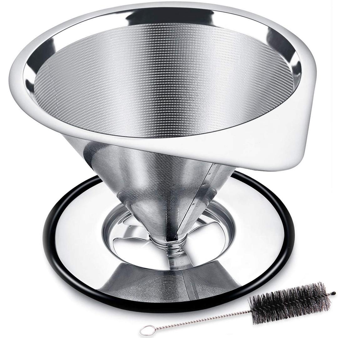 LHS Pour Over Coffee Dripper Stainless Steel Coffee Filter Metal Cone Filter Paperless Reusable Coffee Filter Single Cup Coffee Maker 1-2 Cup With Non-slip Cup Stand and Cleaning Brush