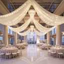 6 Panels Beige Ceiling Curtains with Lights for Weddings - 5ftx10ft Wrinkle-Free Tulle Fabric Wedding Arch Draping Ceiling Drapes Decorations for Wedding Party Ceremony Stage Tent Event
