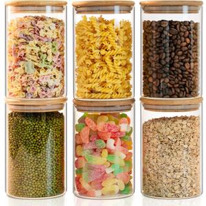 Liuruiyu 50oz Glass Food Storage Jars Set of 6,Glass Storage Containers Clear Glass Food Canister with Bamboo Lid Airtight For Serving Tea, Coffee, Flour, Sugar, Candy, Cookie, Spice and More (Round)