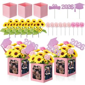 Glenmal 24 Pcs Class of 2026 Graduation Table Centerpieces Decor 6/7 Inch Graduation Photo Frame Display Box Artificial Sunflowers and Roses Class 2026 Centerpieces Picks for Party(Pink)
