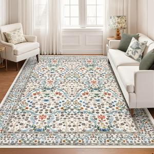 GarveeHome Washable Rug for Living Room, 9x12 Large Area Rug for Dining Room Under Table, Bedroom, Floral Soft Low Pile Non Slip Stain Resistant Carpet for Nursery, Playroom, Office, Beige