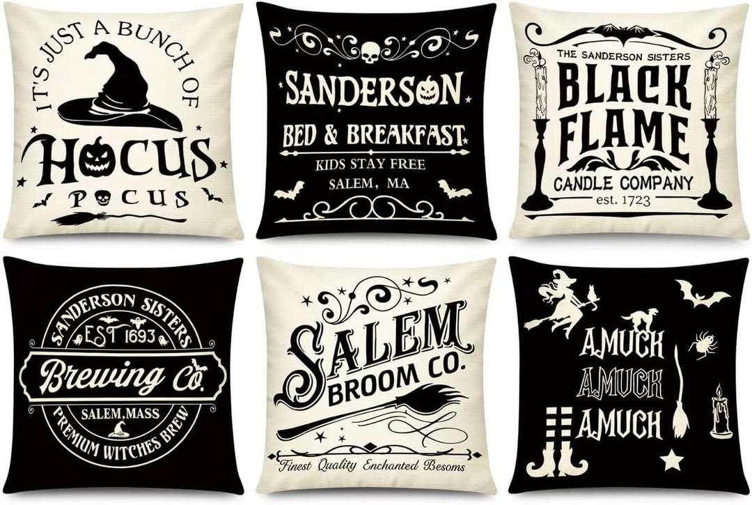 COMMINY Halloween Pillow Covers 18x18 Inch Set of 6, Indoor Halloween Decorations, Black White Farmhouse Saying Throw Pillow Cover, Scary Pillowcase for Seaonal Party Couch Home Decor