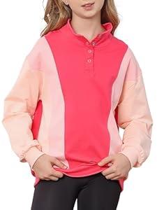 LIFAky Kids Sweatshirts Girls Loose Fit Pullover V Neck Sweatshirt Button Collar Fall Winter Clothes for 9-10 Years