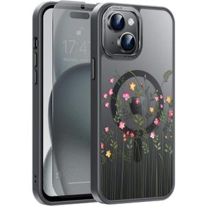 Goodon for iPhone 15 Case with Privacy Screen Protector, Compatible with Magsafe, Shockproof Translucent Matte Cover - Cute Floral Design Phone Case for Women and Girls - Tiny Flower and Leaves