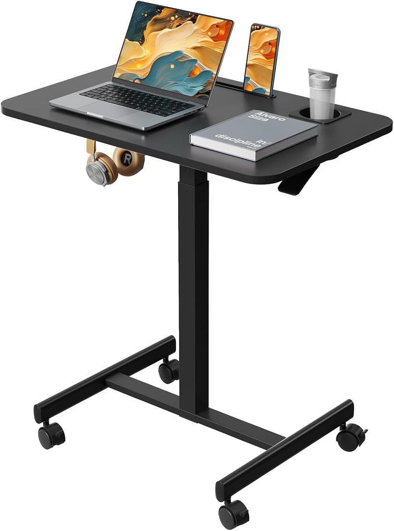 Mobile Standing Desk, Rolling Laptop Cart Adjustable Height with Cup Holder, 28 inch Portable Table with 4 Lockable Wheels, Black Computer Workstation with Hook and Slots for Home Office, 28.3 x 18.8 x 44.09 inches