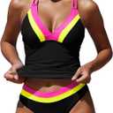 ZAFUL Tankini Swimsuits for Women Tummy Control Halter Neck Mid Waist Ruched Color Block Two Piece Bathing Suits Swimwear(1-Black, S)