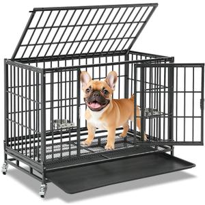 Homey Pet 37 inch Stackable Heavy Duty Dog Crate, Indestructible Escape Proof Dogs Cage Kennel with Lockable Wheels, Removable Tray & Metal Grid, Double Doors for High Anxiety Medium/Small Dogs (36.6"L x 22.5"W x 29.1"H)