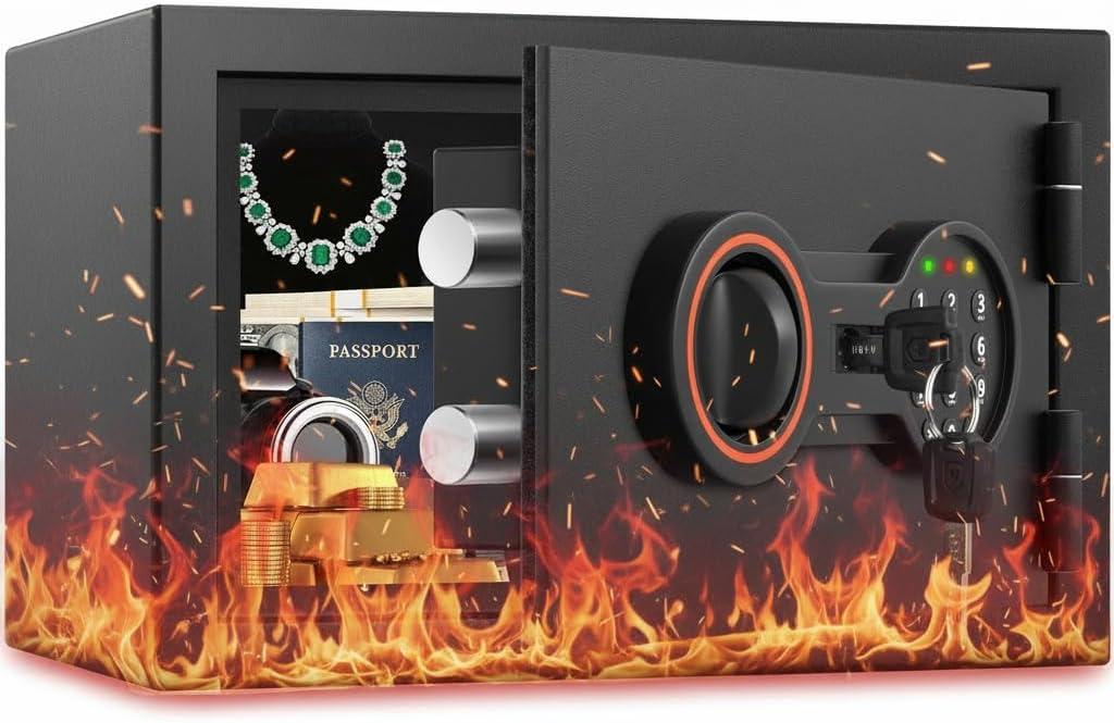 [ . ] Small Fireproof Safe for Home, 14.8Lbs Heavy Duty Fire Safe Box for Office & Home Security, with Alarm System, Sensor LED Light, Wall Mountable, Mini Safes for Home Use