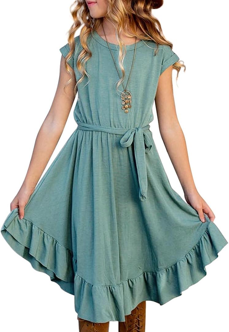 blibean Girls Summer Dresses Shorts Sleeve Kids Casual Dress (Green, S)