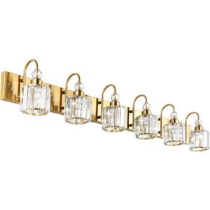 Ralbay Gold Crystal Vanity Lights for Bathroom 6-Lights Brass Gold Crystal Bathroom Vanity Lights Over Long Mirror Modern Crystal Bathroom Wall Lighting Fixtures