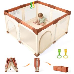 Tinyiota Foldable Baby Playpen, 50x50 Inch Portable Play Yard for Babies and Toddlers with Soft Breathable Mesh, Storage Bag & 2 Pull-Toy Handles for Indoor & Outdoor (Brown, 50x50)
