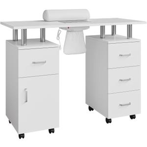 CuisinSmart Manicure Table with Dust Collector, 42" Nail Desk for Nail Tech with Lockable Wheels, 4 Storage Drawers, Arm Rest, Acetone Resistant Top and Storage Cabinet White