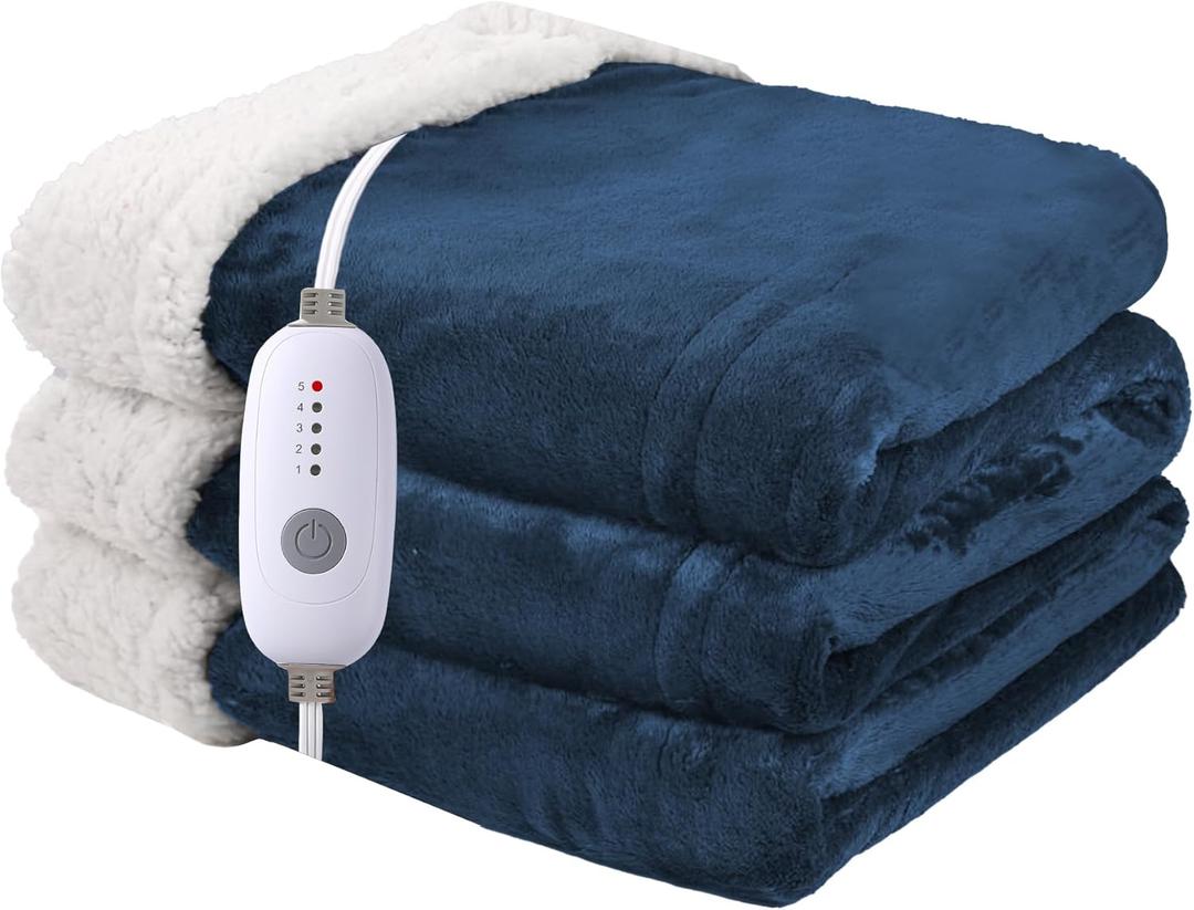 Heated Blanket Electric Throw Size 50''x60'' with 5 Heating Levels, 3 Hour Auto Shut Off, Machine Washable, Flannel & Sherpa Double-Sided Soft Warming Blanket for Couch, Bed, Office - Navy Blue
