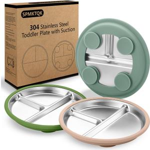 SPMKTQK 3Pack Sainless Steel Kids Plates with Suction, 8.1 Divided Toddler Baby Plates with Removable Silicone Sleeves BPA Free Non-Slip 2-in-1 Anti Breakage Metal Toddler Bowls (Light green, Dark green, Earth yellow)