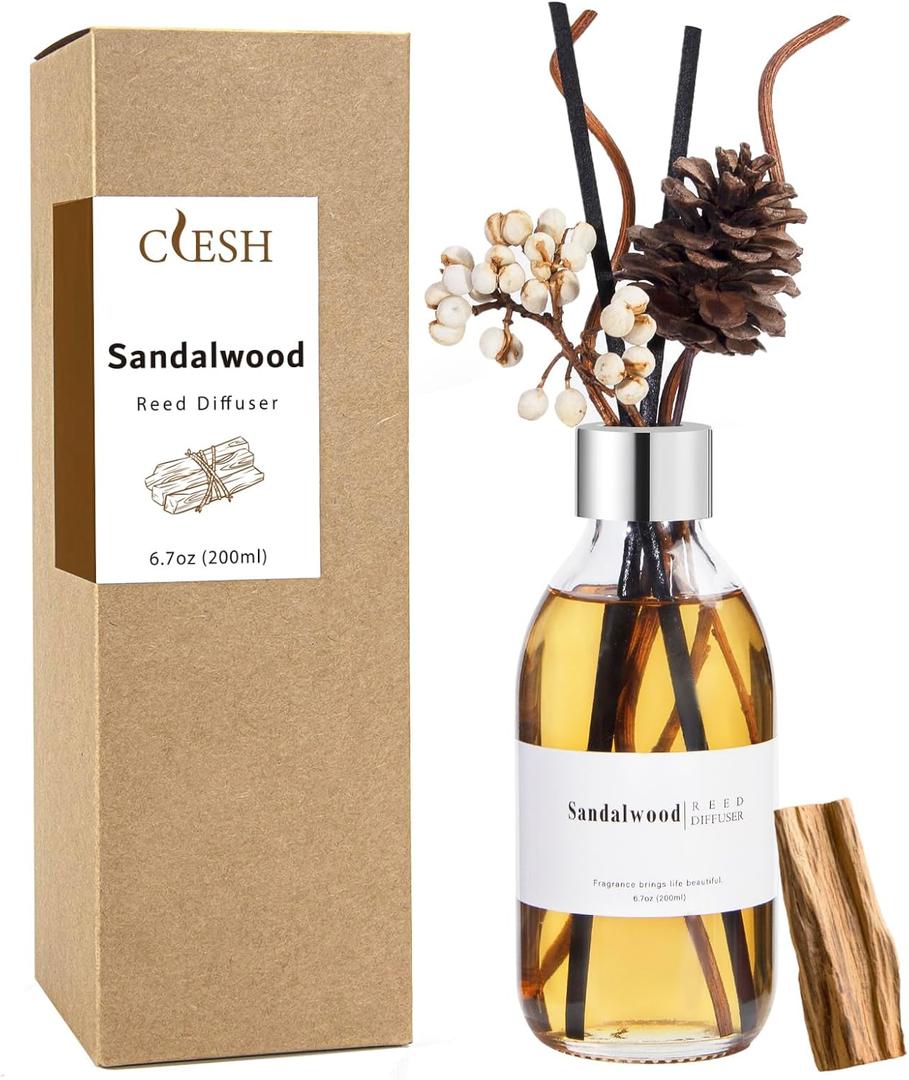 Clesh Reed Diffuser Set, 6.7 oz Sandalwood Scented Diffuser with Sticks, Home Fragrance Reed Diffuser for Bathroom Shelf Decor