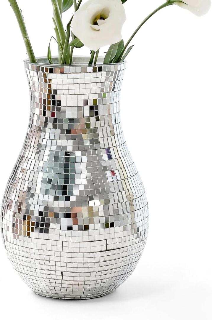 8.7" Disco Ball Flower Vase - Silver Mirrored Mosaic Vase for Centerpieces, Retro 70s Party Decor, Unique Funky Reflective Floral Container for Home, Wedding & Living Room Aesthetics
