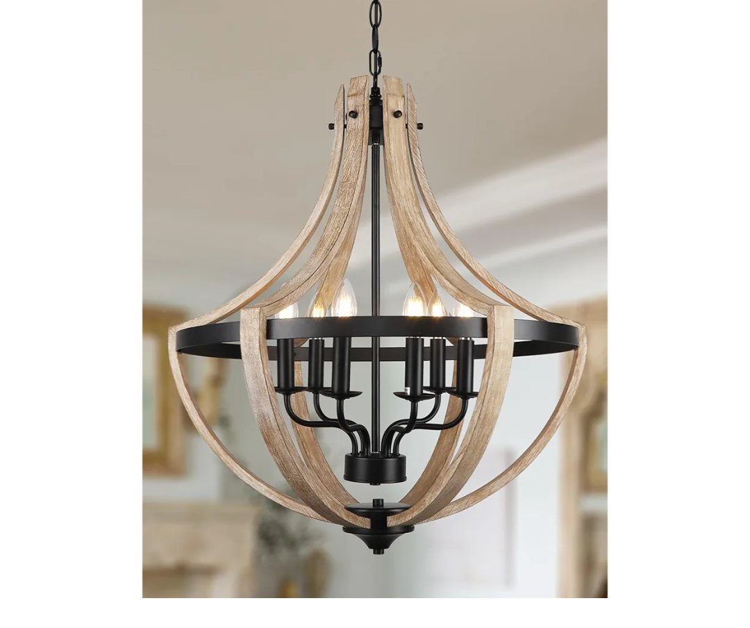 6-Light Large Rustic Farmhouse Dining Room Chandeliers, Adjustable Height Entryway Light Fixture, Hanging Wood Chandelier for Kitchen Island Foyer Stairwell Office